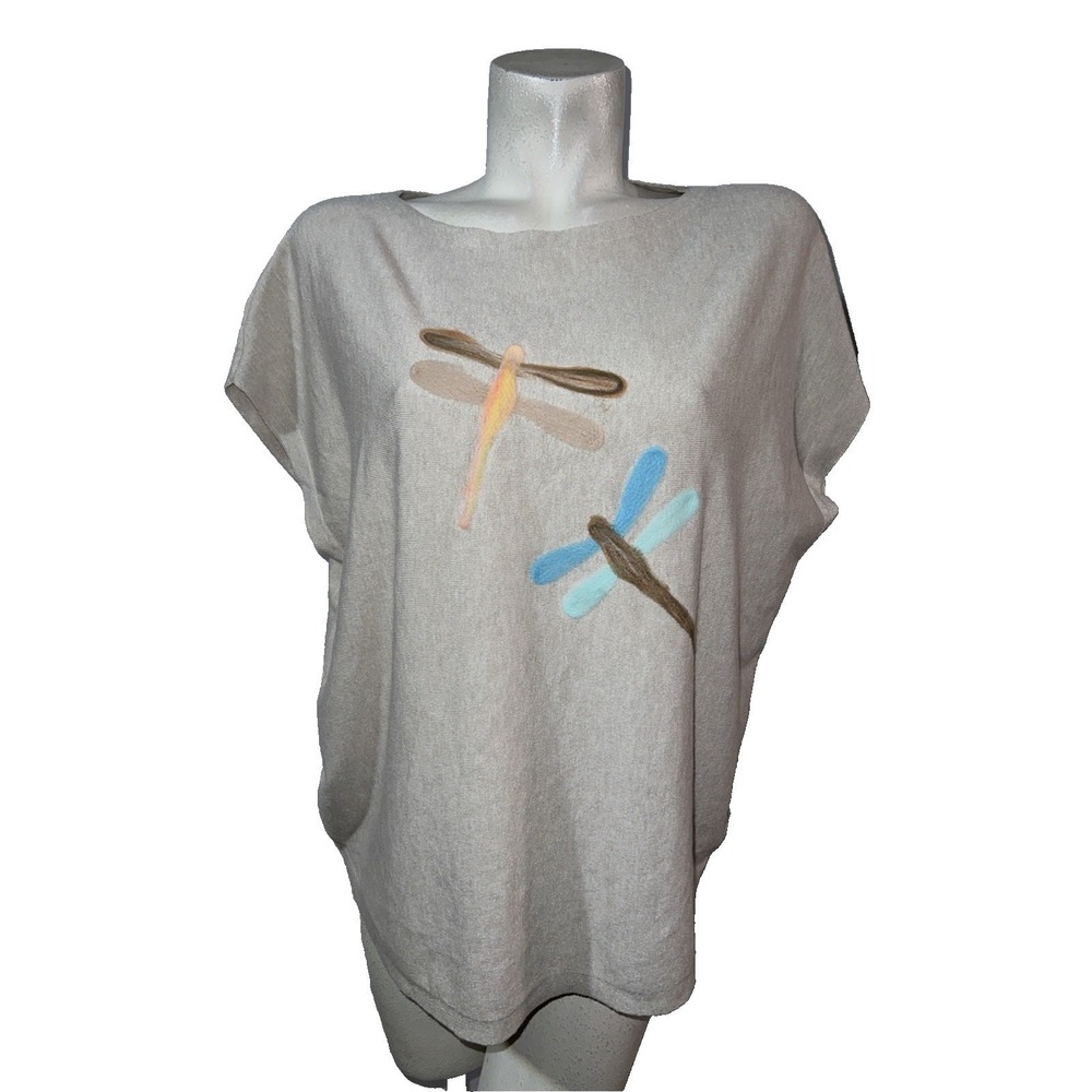Dragonfly Needle Felted Knit Top Short Sleeve Beige Boxy Tee Women's Size L/XL
